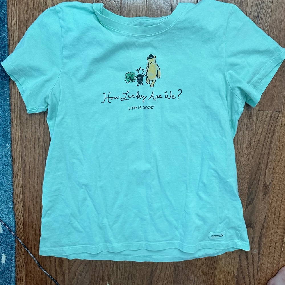 Life Is Good green Winnie the Pooh Piglet How Lucky Are We Graphic Tee Shamrock